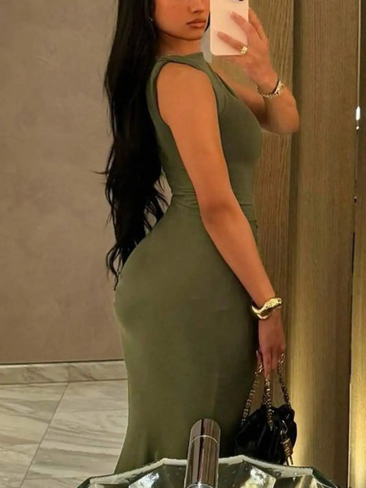 Simone Olive Green Sleeveless Bodycon Ruched Maxi Dress | URHER