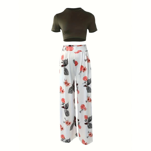 Marisol Plus Size Printed T-Shirt Bell Bottom Suit | URHER