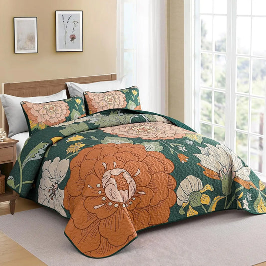 Eden Queen Size Green Floral Bohemian Quilt Bedding Set | URHER