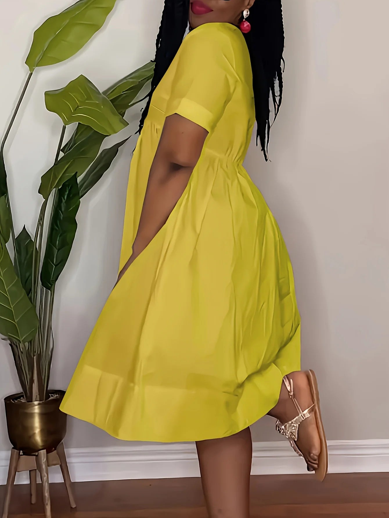 Breezy V-Neck Waist Cinched A-Line Vacation Shirt Dress | URHER