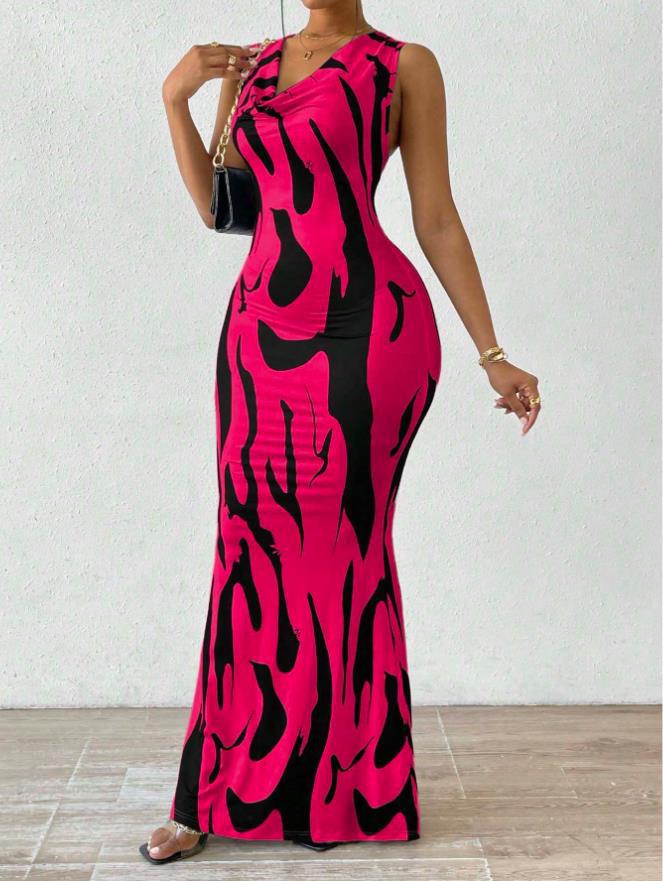 Weliya V-Neck Pullover Dress with 3D Print
