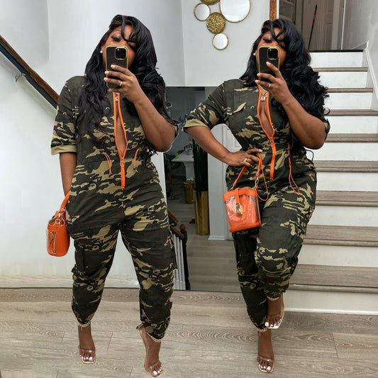 Camo Denim Cardigan Jumpsuit
