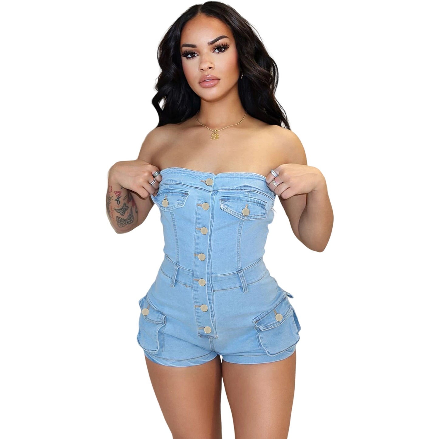 Deja Elastic Denim Sleeveless Jumpsuit