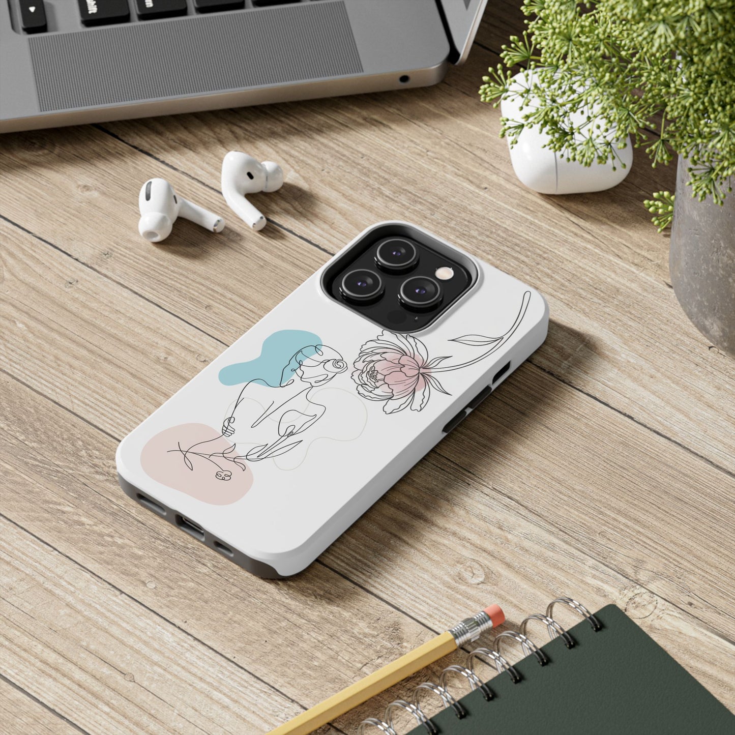 Phone Case — Minimal Line Art Woman with Pastel Shapes (Tough Protective Case)
