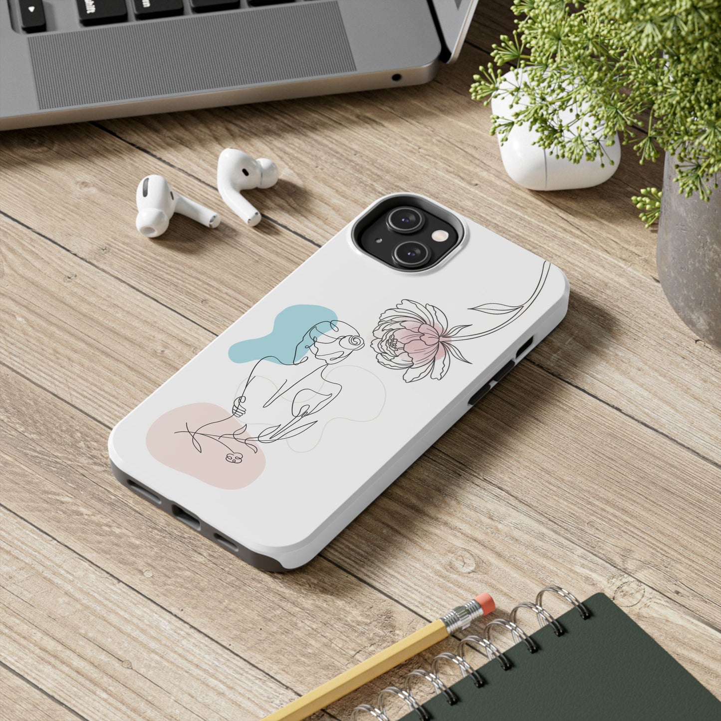 Phone Case — Minimal Line Art Woman with Pastel Shapes (Tough Protective Case)