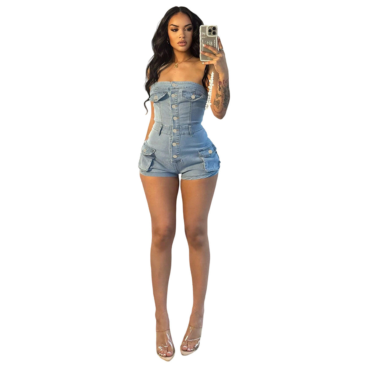 Deja Elastic Denim Sleeveless Jumpsuit