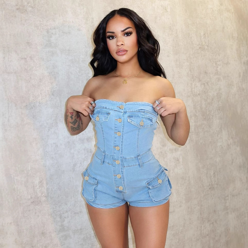 Deja Elastic Denim Sleeveless Jumpsuit