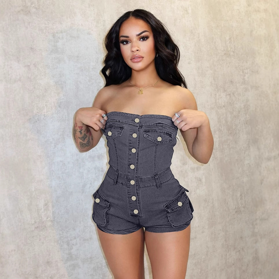 Deja Elastic Denim Sleeveless Jumpsuit