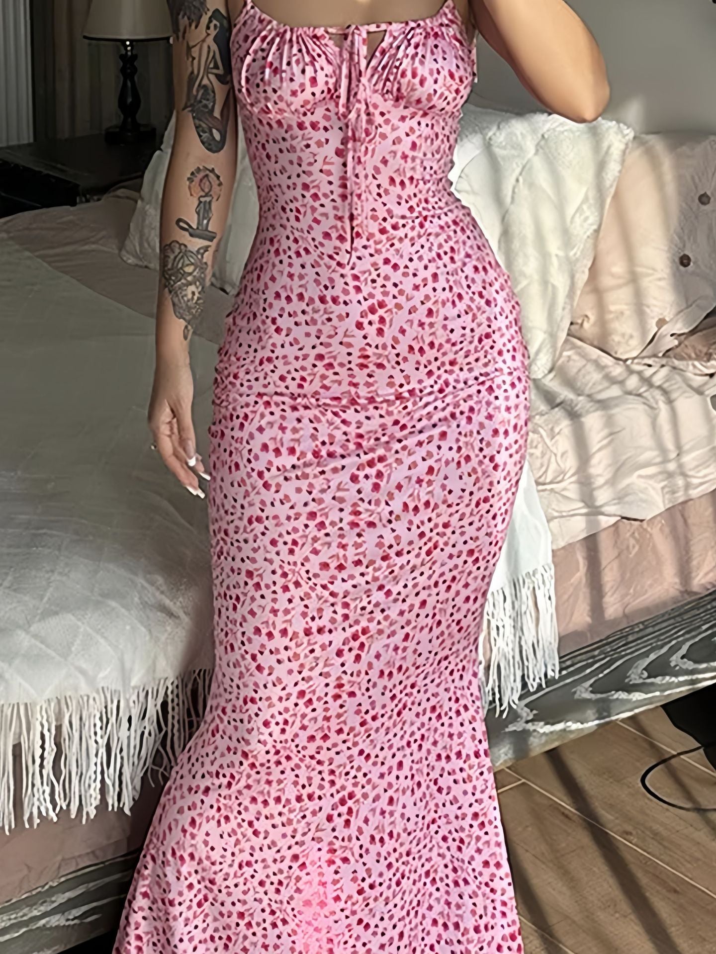 Stefane Floral Print Spaghetti Strap Bodycon Dress with Drawstring Waist