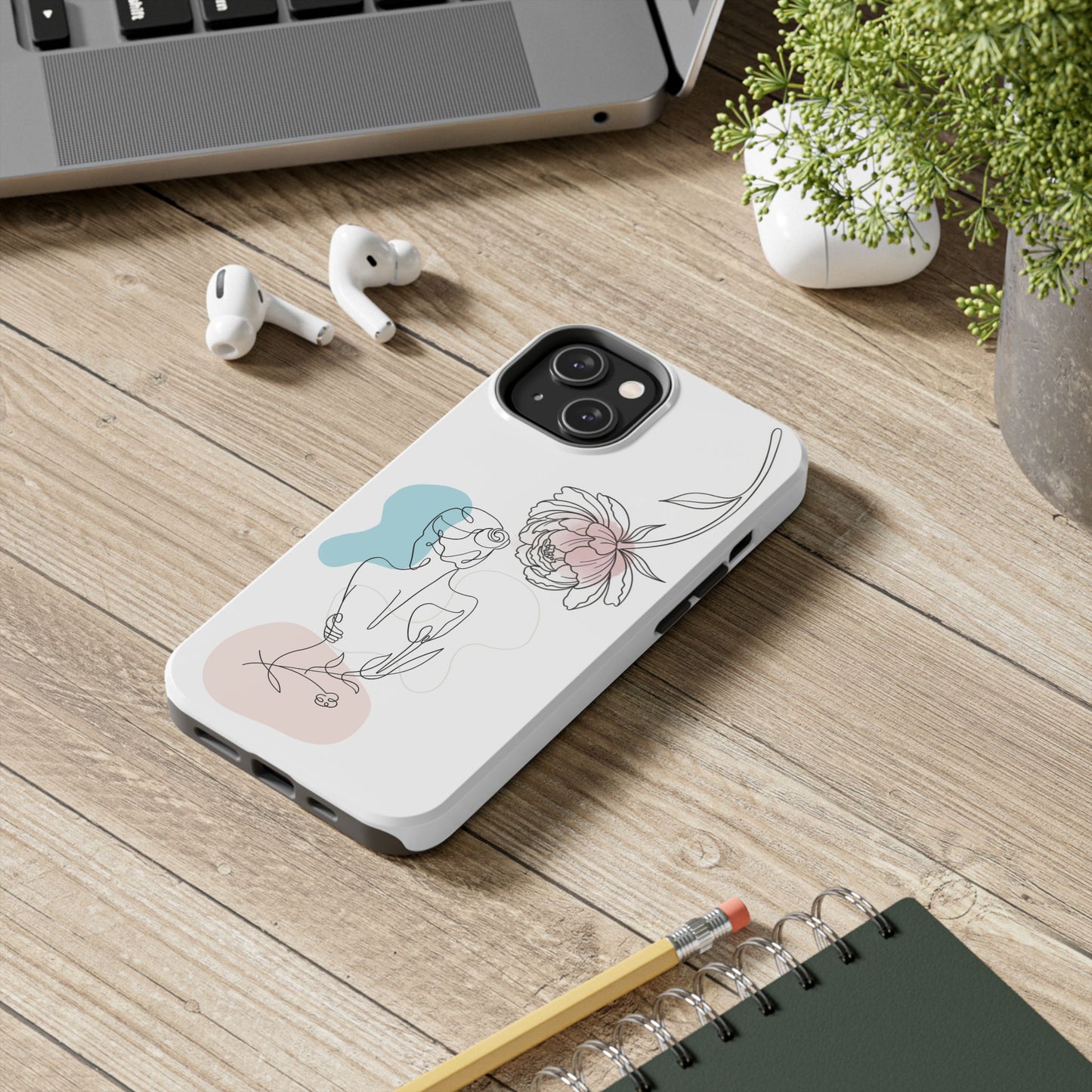 Phone Case — Minimal Line Art Woman with Pastel Shapes (Tough Protective Case)