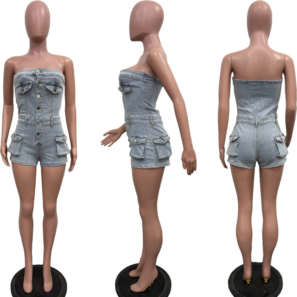 Deja Elastic Denim Sleeveless Jumpsuit