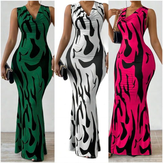 Weliya V-Neck Pullover Dress with 3D Print