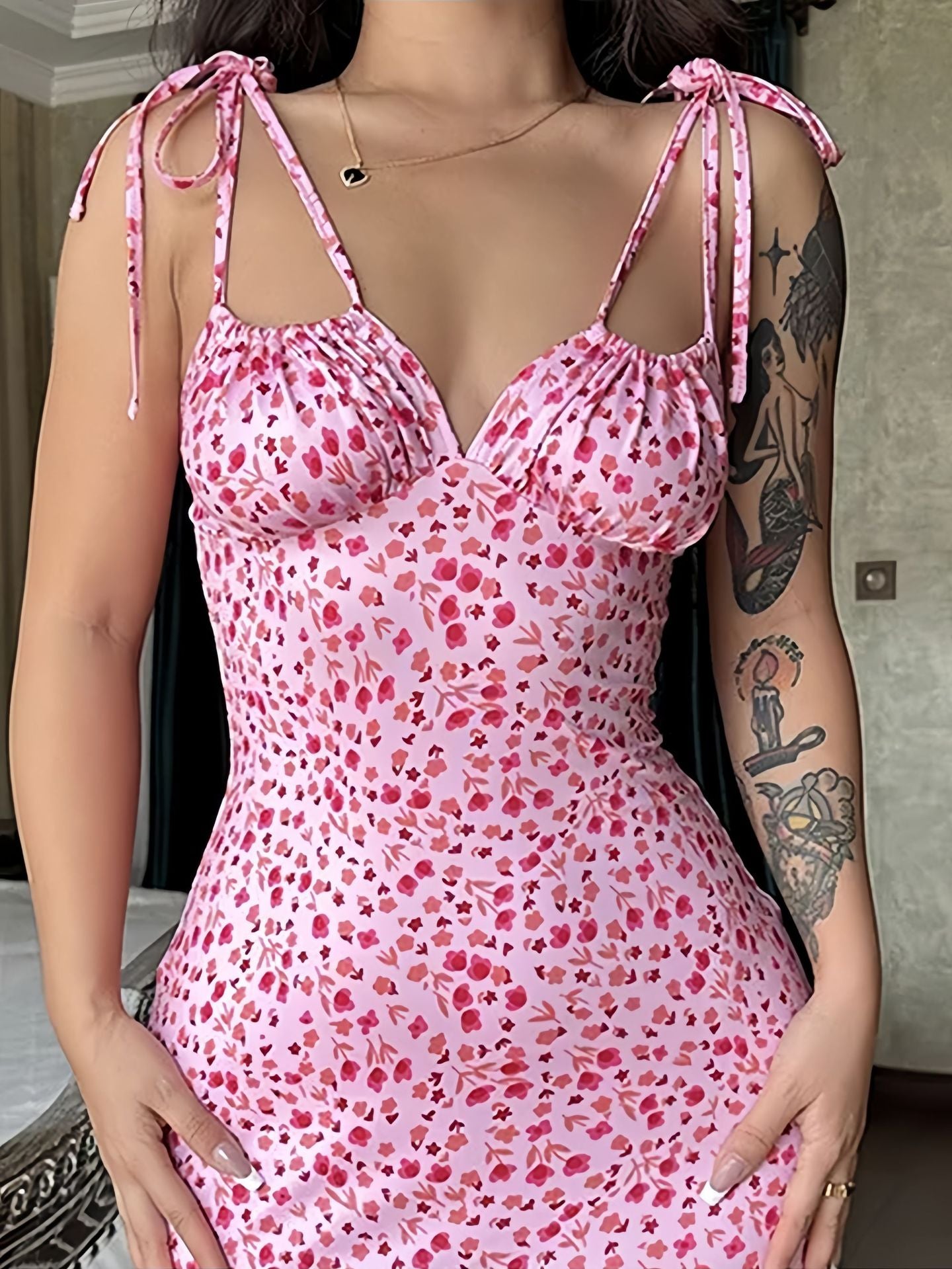Stefane Floral Print Spaghetti Strap Bodycon Dress with Drawstring Waist