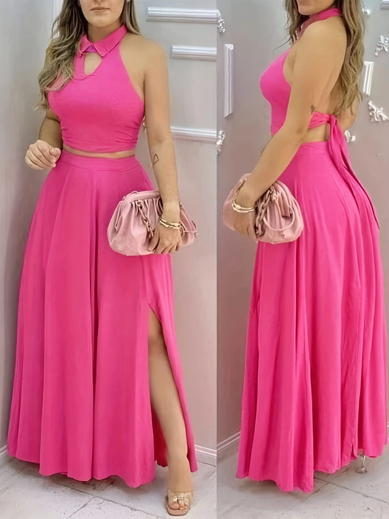Penelope Pink Halter Crop Top Split Maxi Skirt Two Piece Set