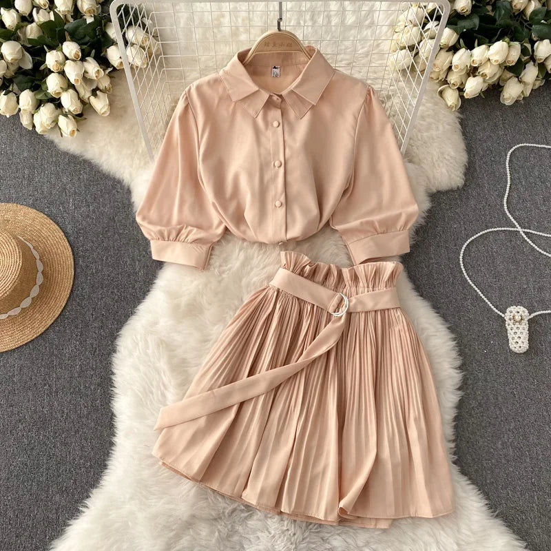 Chanel Turn Down Collar Crop Top Pleated Mini Skirt Set | URHER