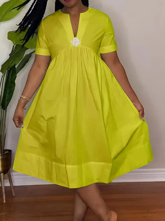 Breezy V-Neck Waist Cinched A-Line Vacation Shirt Dress | URHER
