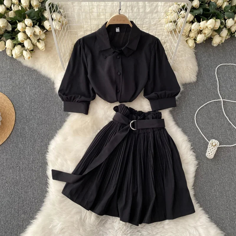 Chanel Turn Down Collar Crop Top Pleated Mini Skirt Set | URHER