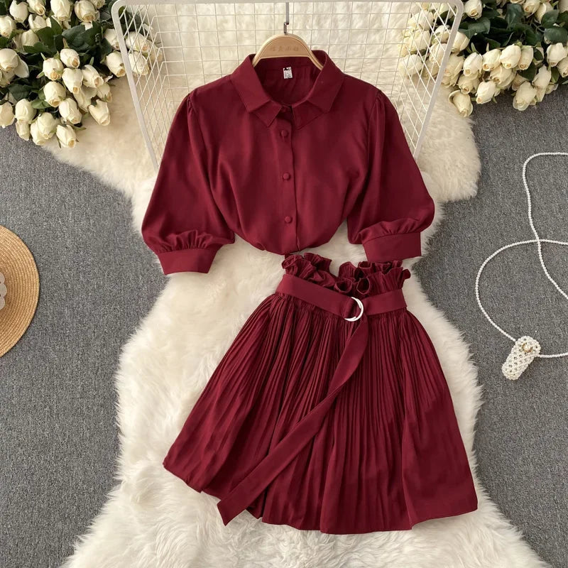 Chanel Turn Down Collar Crop Top Pleated Mini Skirt Set | URHER