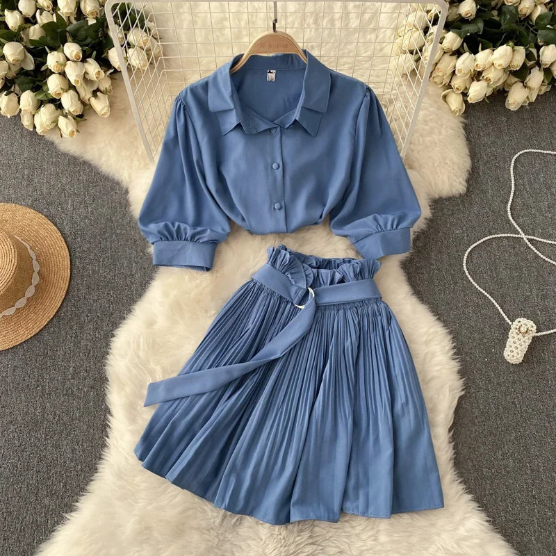 Chanel Turn Down Collar Crop Top Pleated Mini Skirt Set | URHER