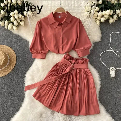 Chanel Turn Down Collar Crop Top Pleated Mini Skirt Set | URHER