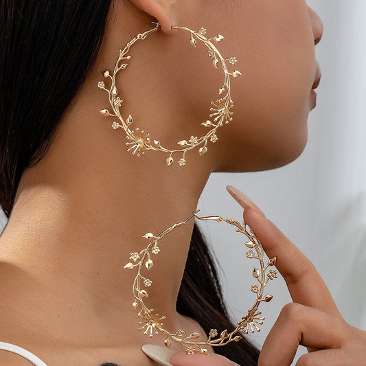 Jasmine Gold Leaf Flower Exaggerated Hoop Earrings | URHER