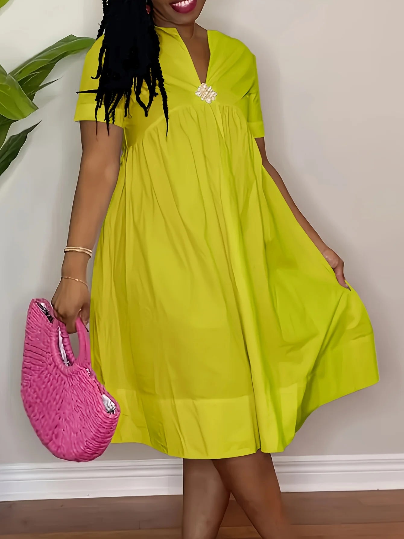 Breezy V-Neck Waist Cinched A-Line Vacation Shirt Dress | URHER