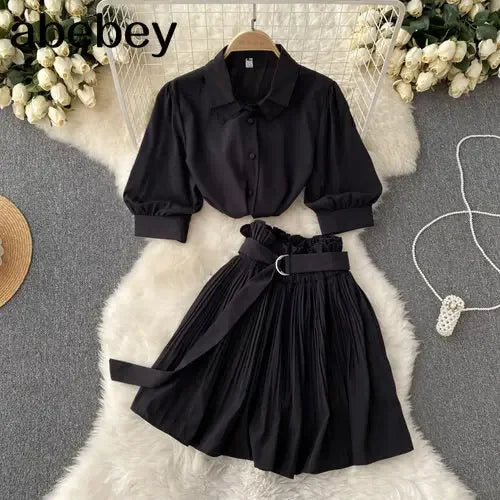Chanel Turn Down Collar Crop Top Pleated Mini Skirt Set | URHER