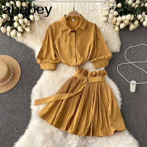 Chanel Turn Down Collar Crop Top Pleated Mini Skirt Set | URHER
