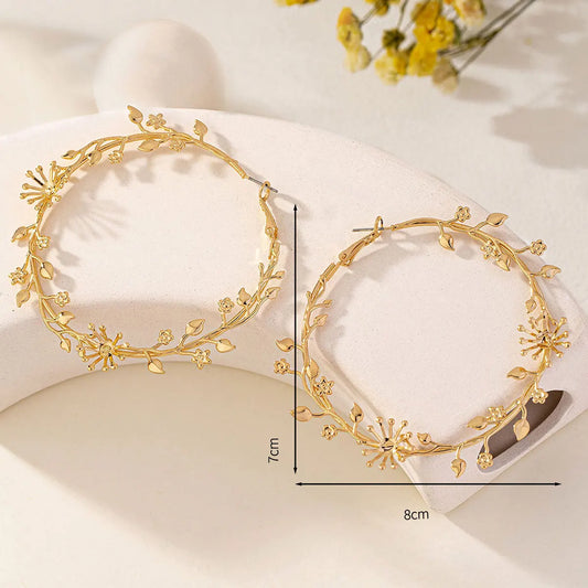 Jasmine Gold Leaf Flower Exaggerated Hoop Earrings | URHER