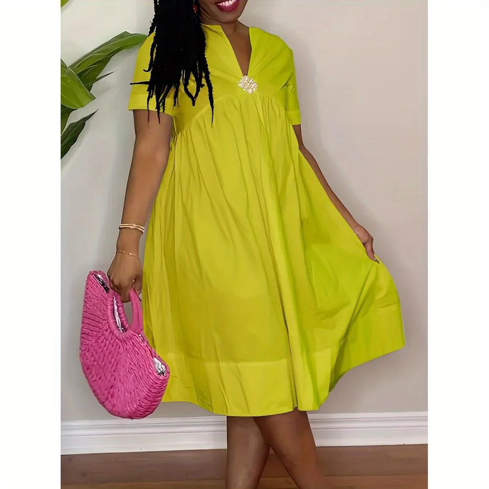 Breezy V-Neck Waist Cinched A-Line Vacation Shirt Dress | URHER