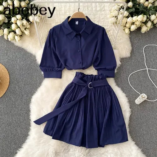 Chanel Turn Down Collar Crop Top Pleated Mini Skirt Set | URHER