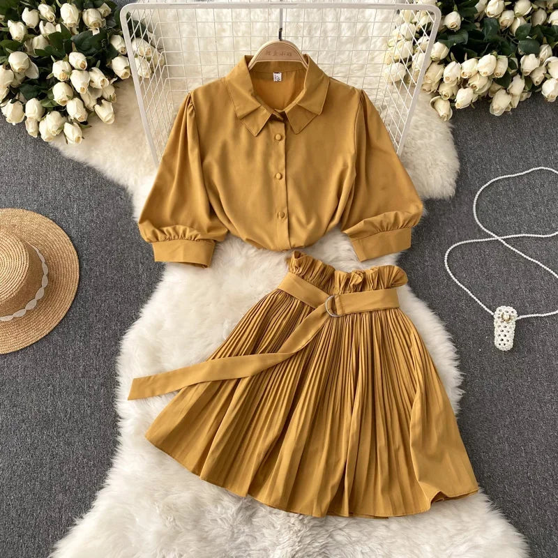 Chanel Turn Down Collar Crop Top Pleated Mini Skirt Set | URHER