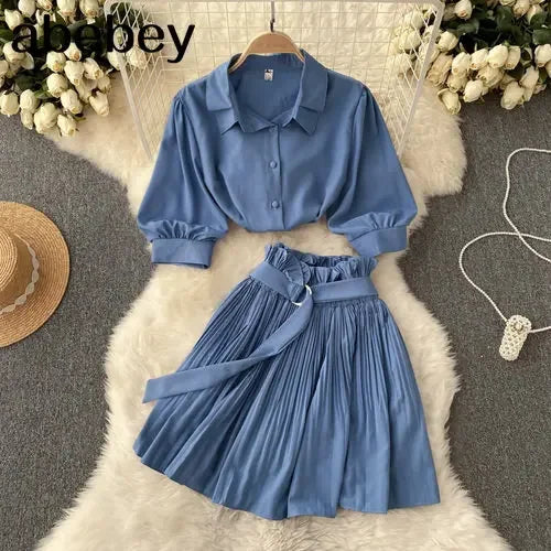 Chanel Turn Down Collar Crop Top Pleated Mini Skirt Set | URHER