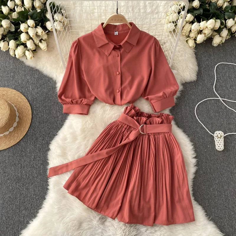 Chanel Turn Down Collar Crop Top Pleated Mini Skirt Set | URHER
