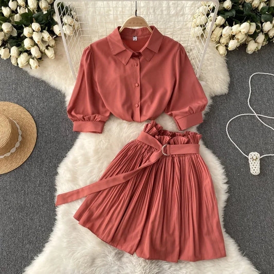 Chanel Turn Down Collar Crop Top Pleated Mini Skirt Set | URHER