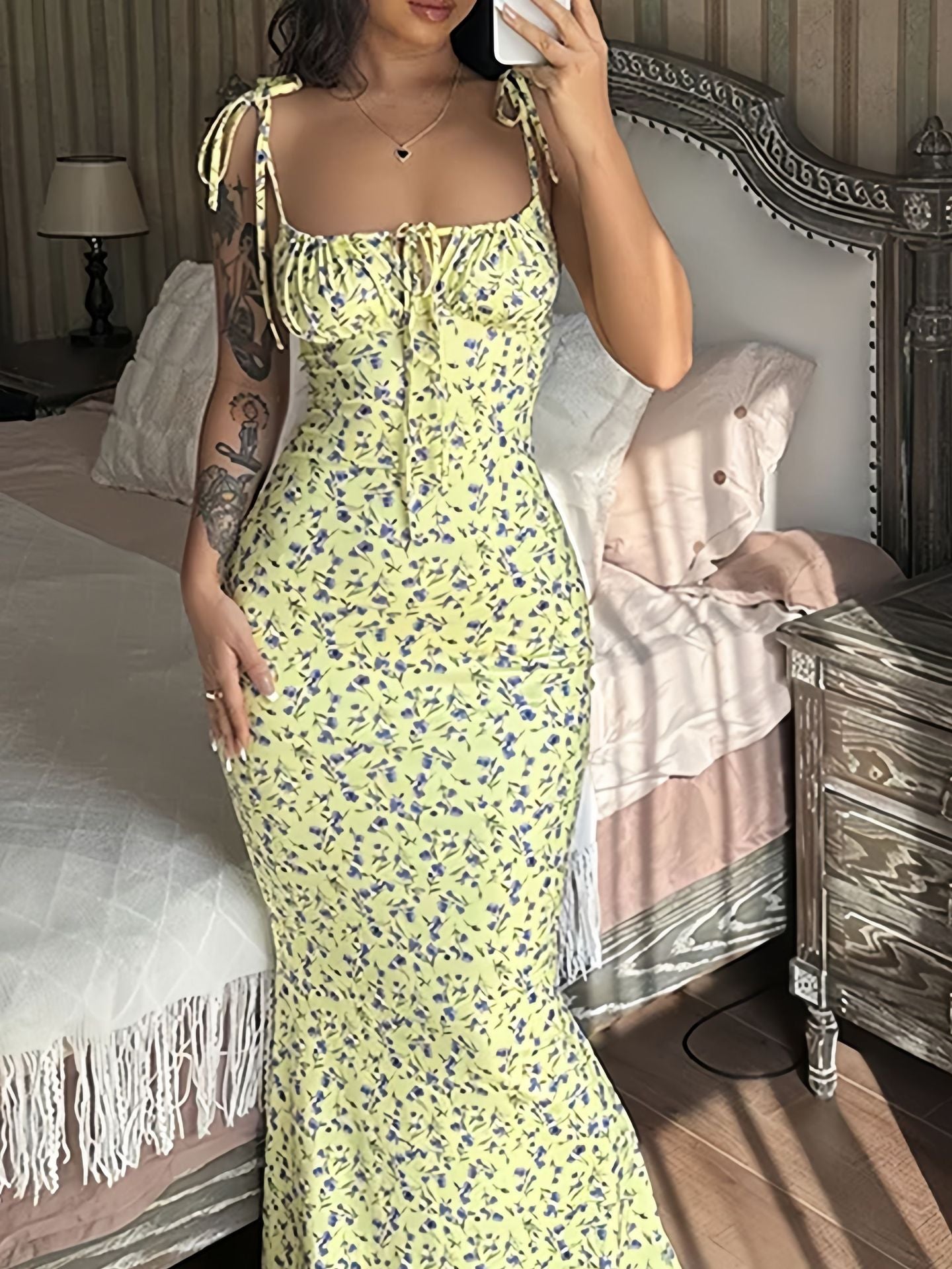 Stefane Floral Print Spaghetti Strap Bodycon Dress with Drawstring Waist