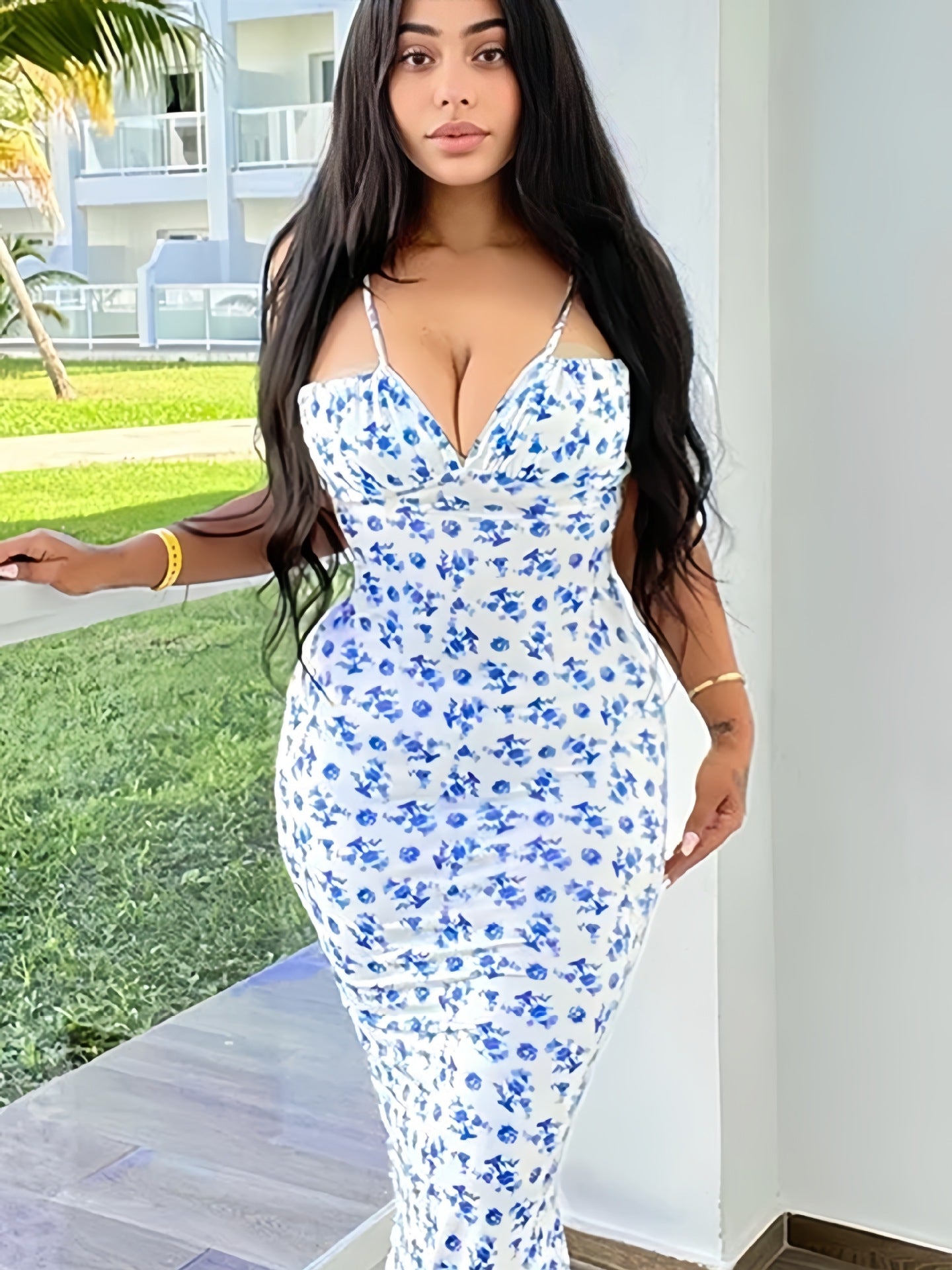 Stefane Floral Print Spaghetti Strap Bodycon Dress with Drawstring Waist
