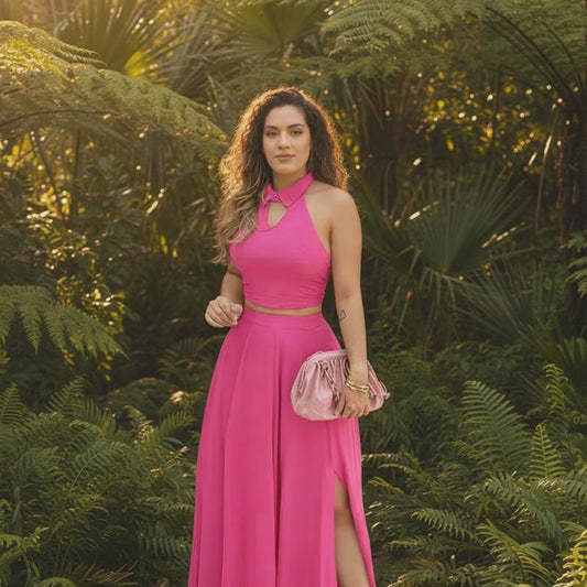 Penelope Pink Halter Crop Top Split Maxi Skirt Two Piece Set