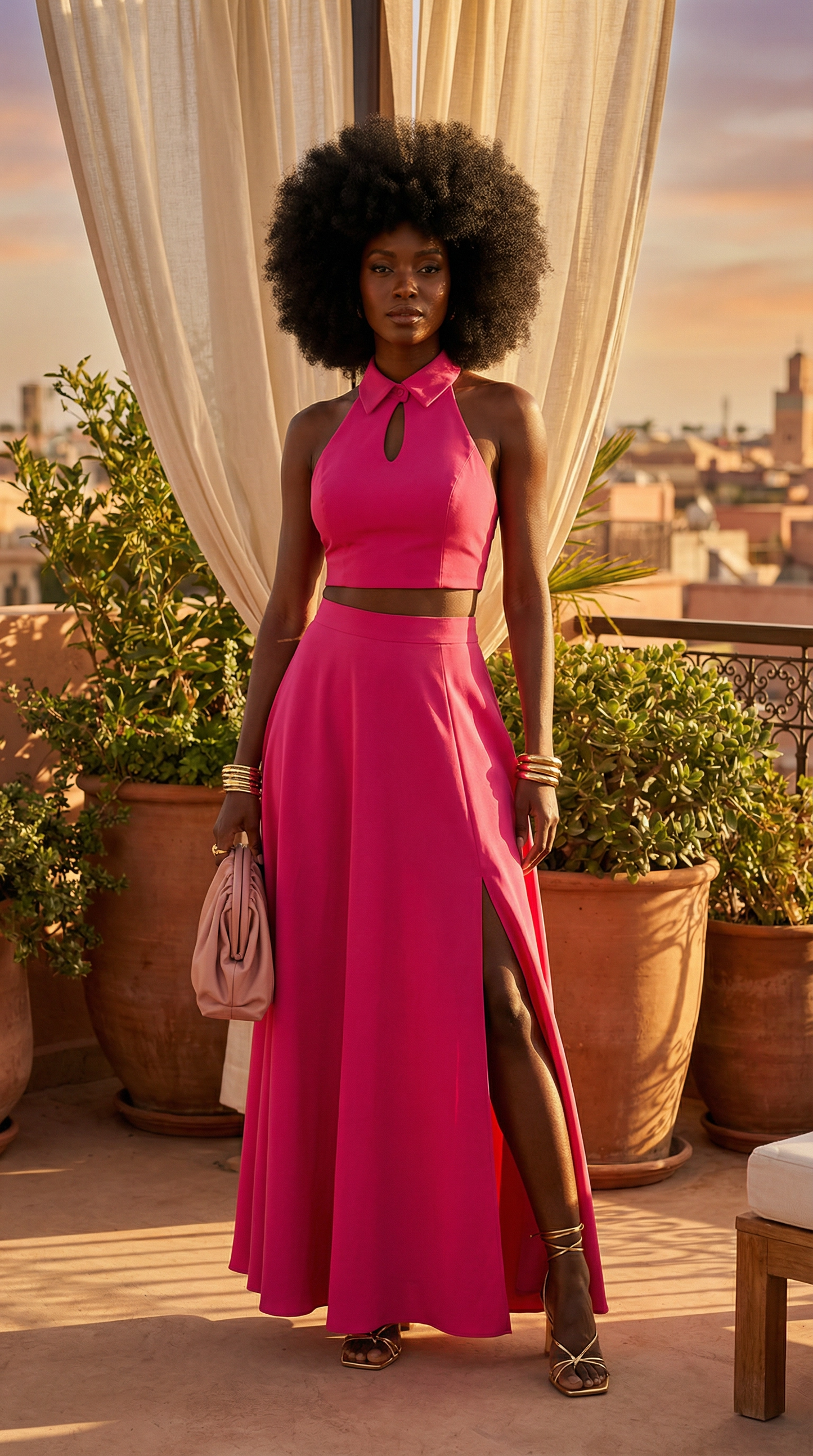 Penelope Pink Halter Crop Top Split Maxi Skirt Two Piece Set