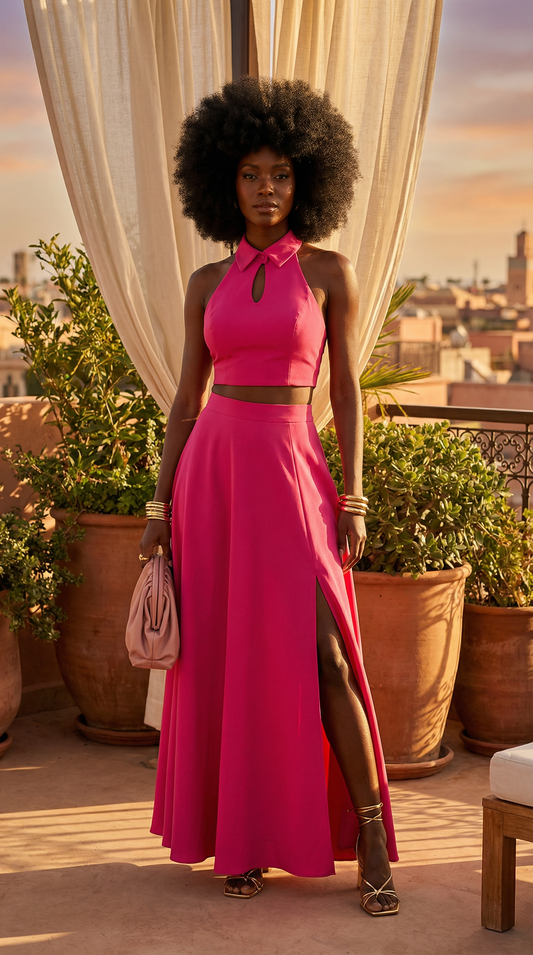 Penelope Pink Halter Crop Top Split Maxi Skirt Two Piece Set