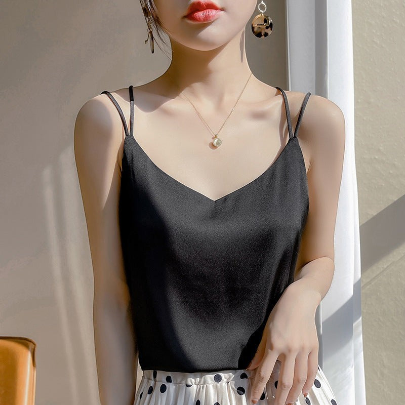 URH Talya black silky camisole top with V-neck and spaghetti straps, perfect for layering.