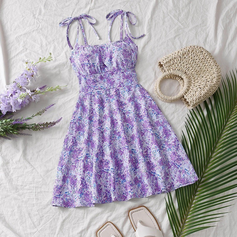 URH floral print sundress with elastic waist and tie shoulder straps in purple and white