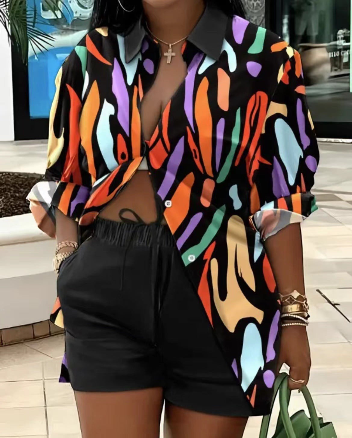 URHER Soleil Printed Two-Piece Set: black shorts with drawstring and a colorful abstract print long sleeve button-up shirt.