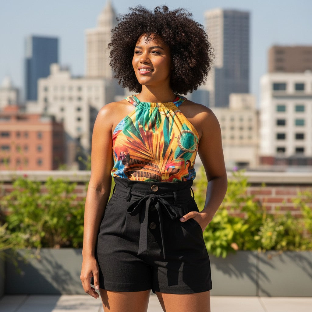 URHER black high waist wide leg shorts with button front and tie waist detail, paired with a colorful tropical print halter top.