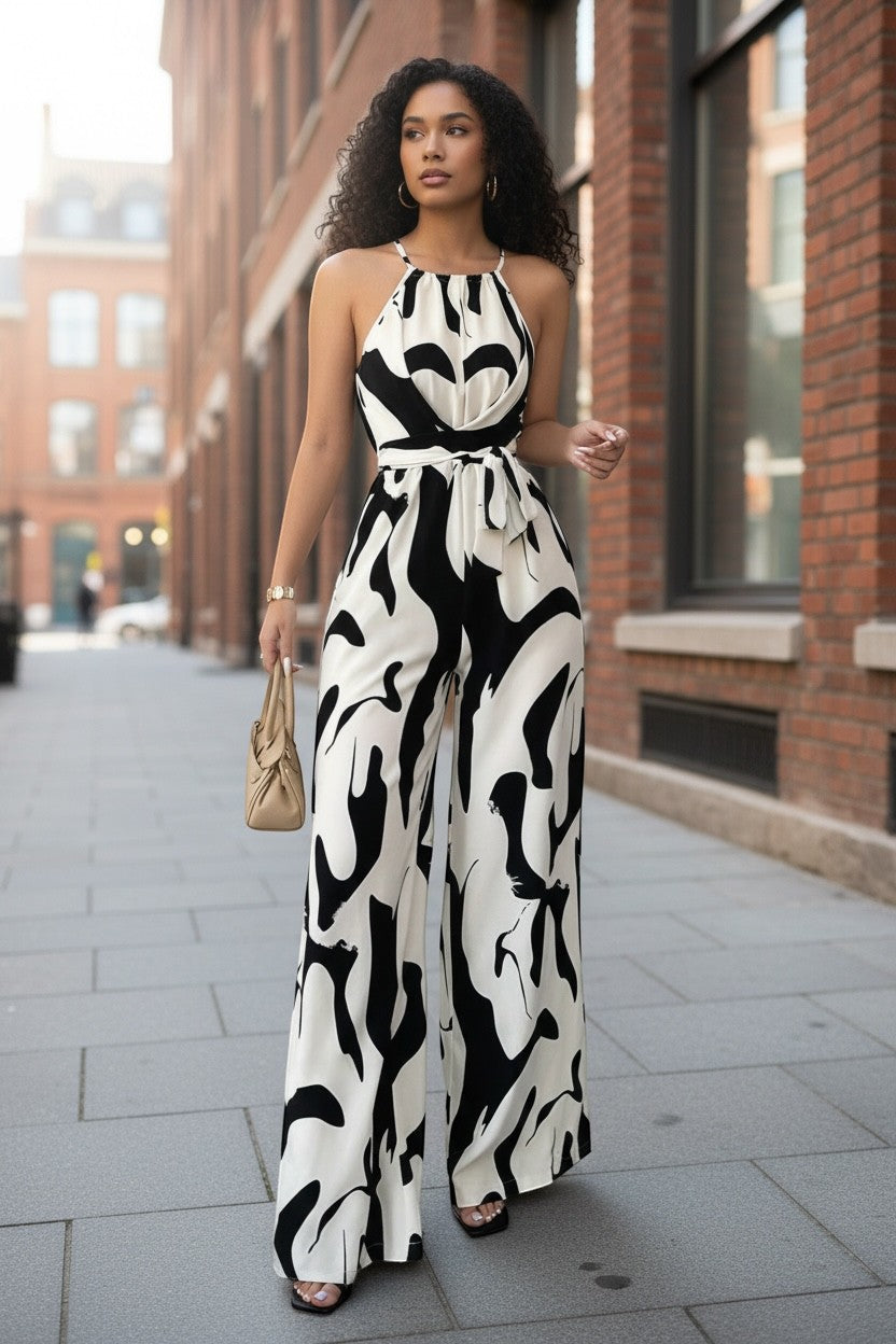 URHER Nia Utility Jumpsuit, a black and white abstract print wide-leg jumpsuit with a halter neck and belted waist.