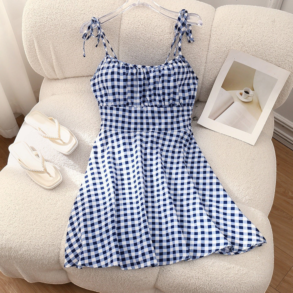 URHER blue and white gingham sundress with elastic waist and tie straps, sleeveless suspender silhouette.