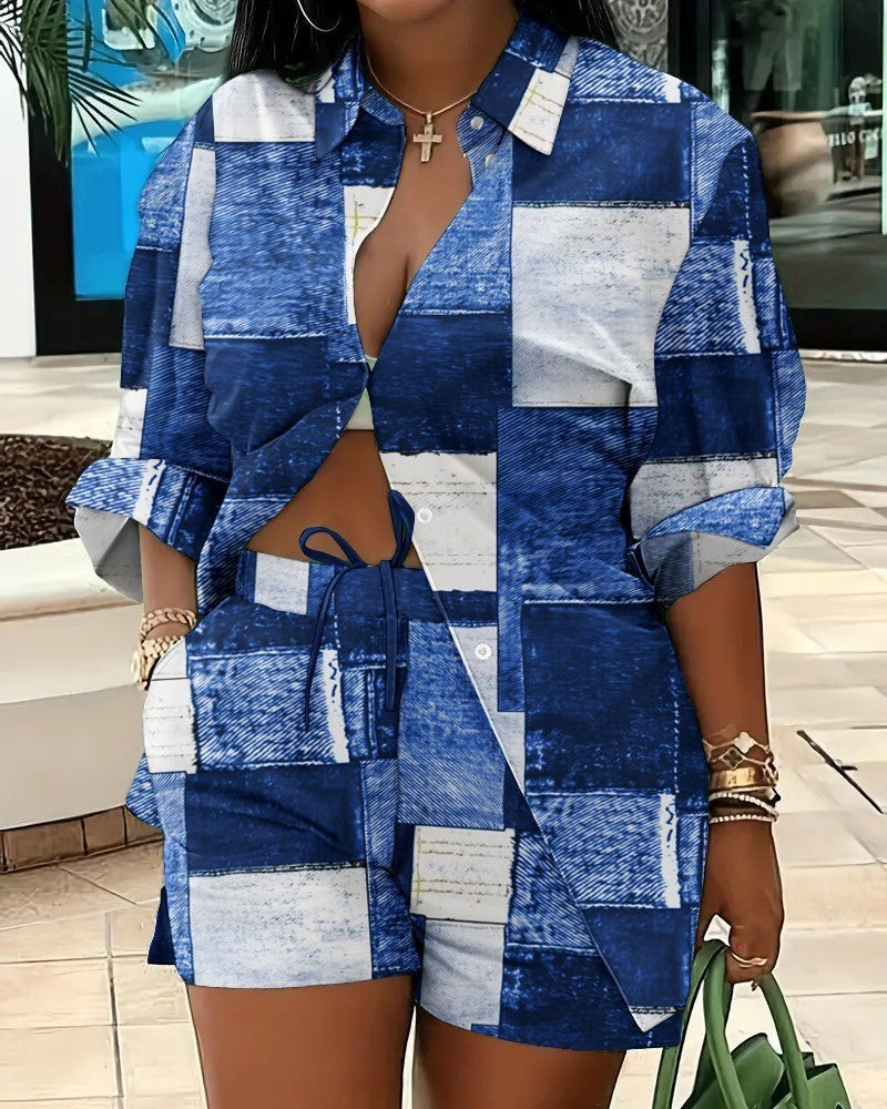 URHER Soleil blue and white patchwork print long sleeve button-up shirt and drawstring shorts set.