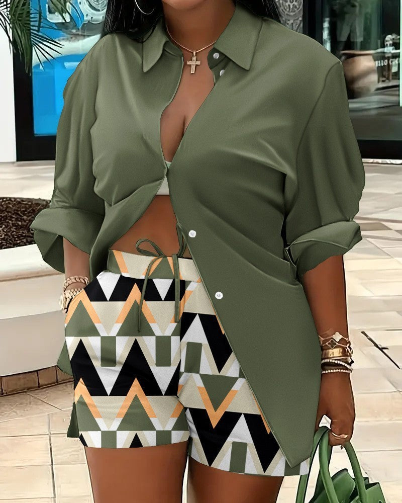 URHER green long sleeve collared shirt and geometric print shorts set