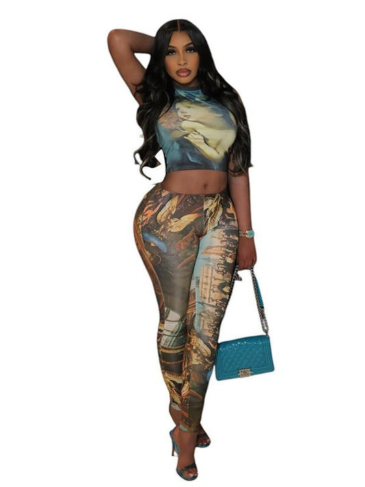 URHER Nia Sleeveless Printed Pants Set in green, featuring a navel-baring top and fitted pants with a Renaissance-inspired print.