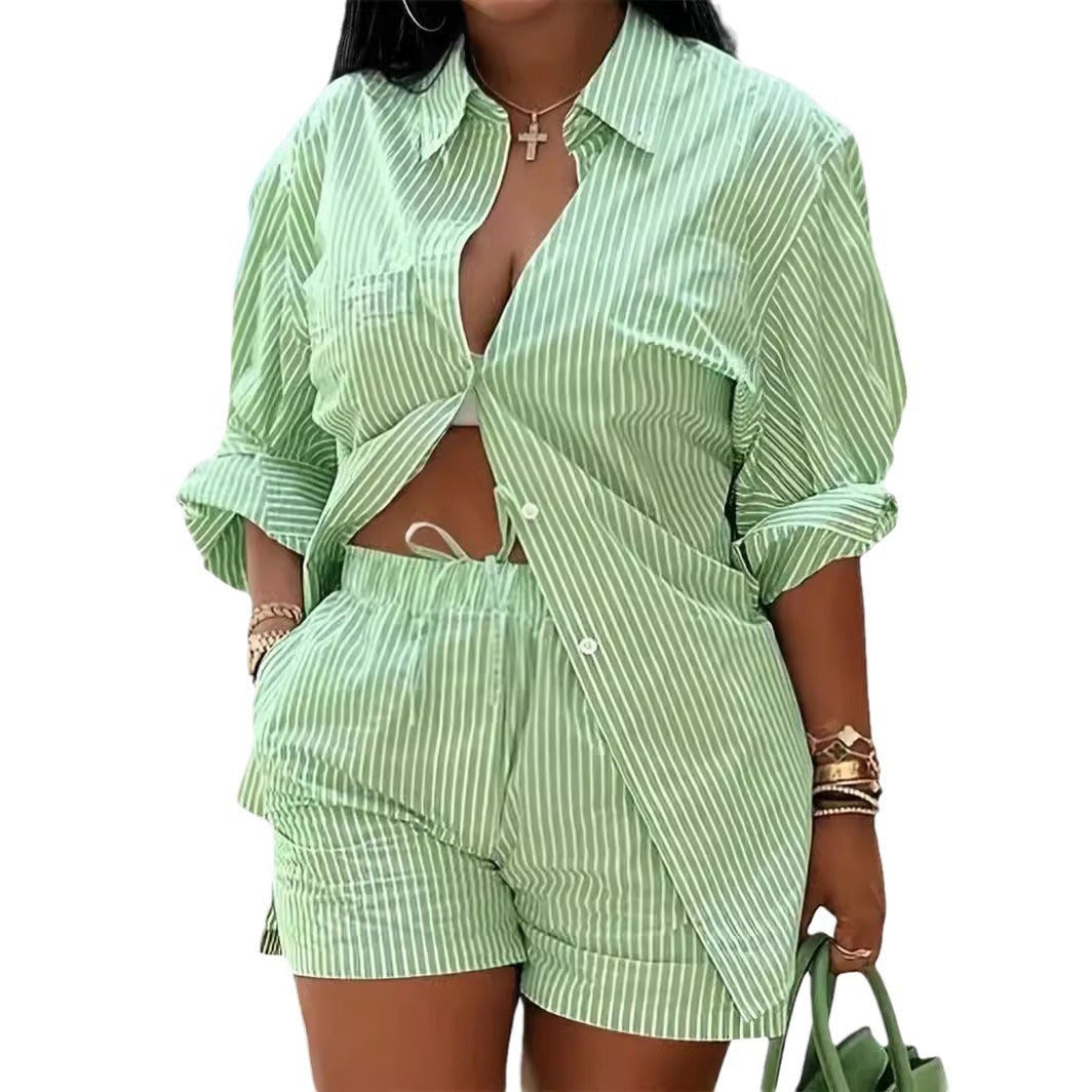URHER green and white striped long sleeve button-up shirt and matching shorts two-piece set.